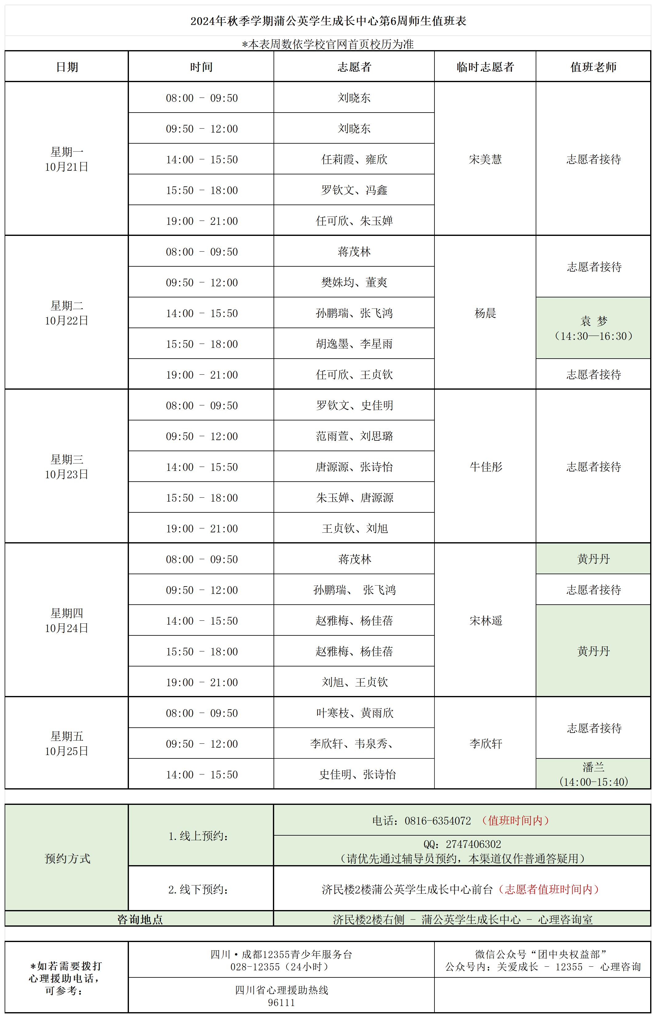 蒲公英学生成长中心2024年秋季学期第6周师生值班表.jpg